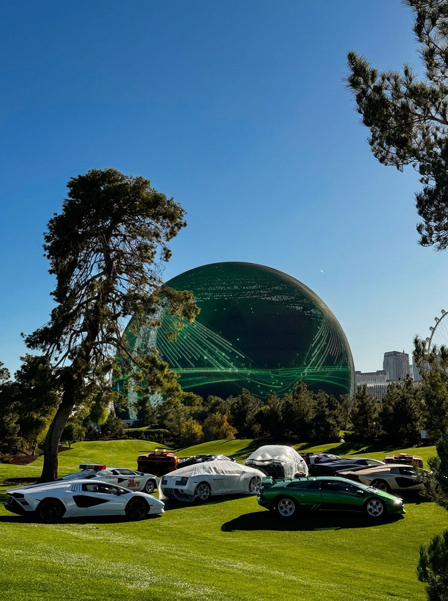 Concours d'elegance car show on a Las Vegas golf course with the Sphere glowing in the background