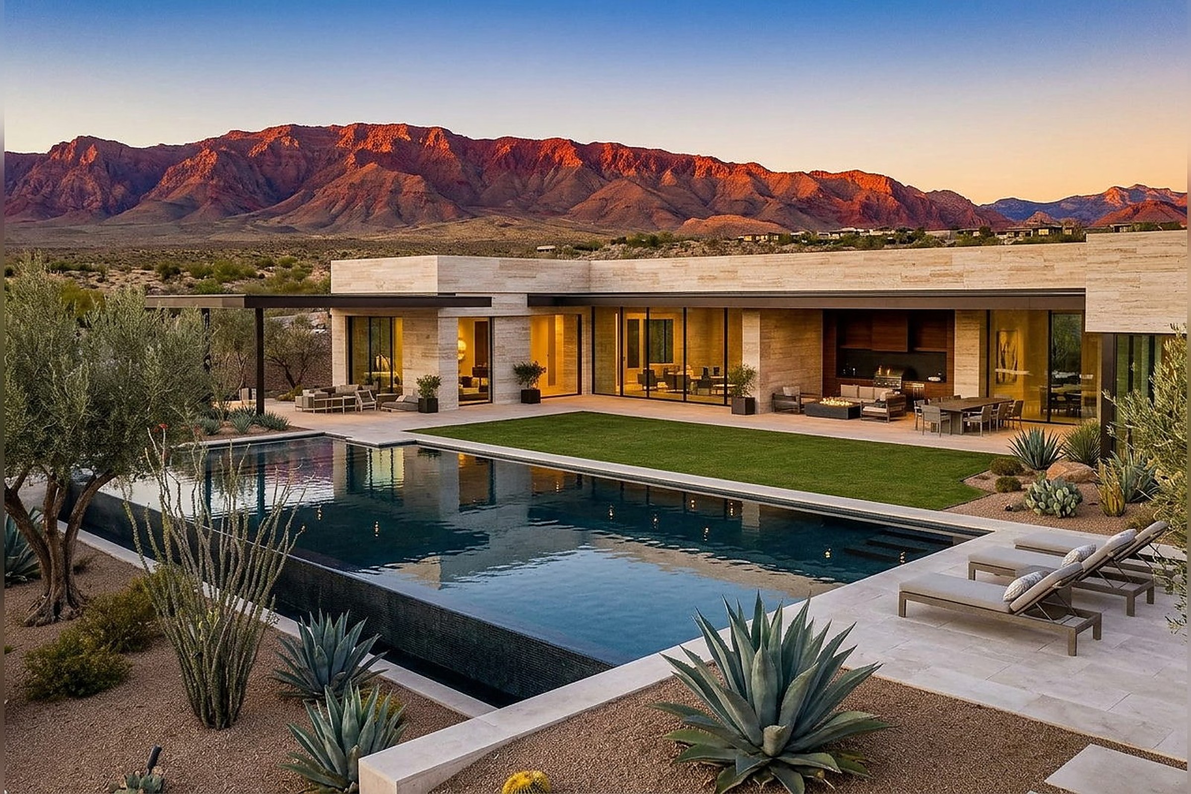 Contemporary luxury desert estate with infinity pool and desert landscaping