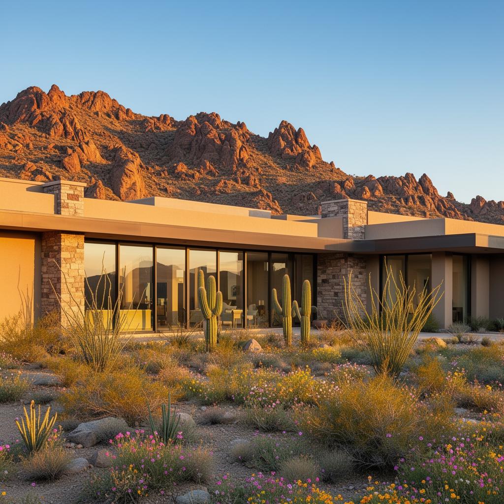 Modernist white desert villa with palm trees