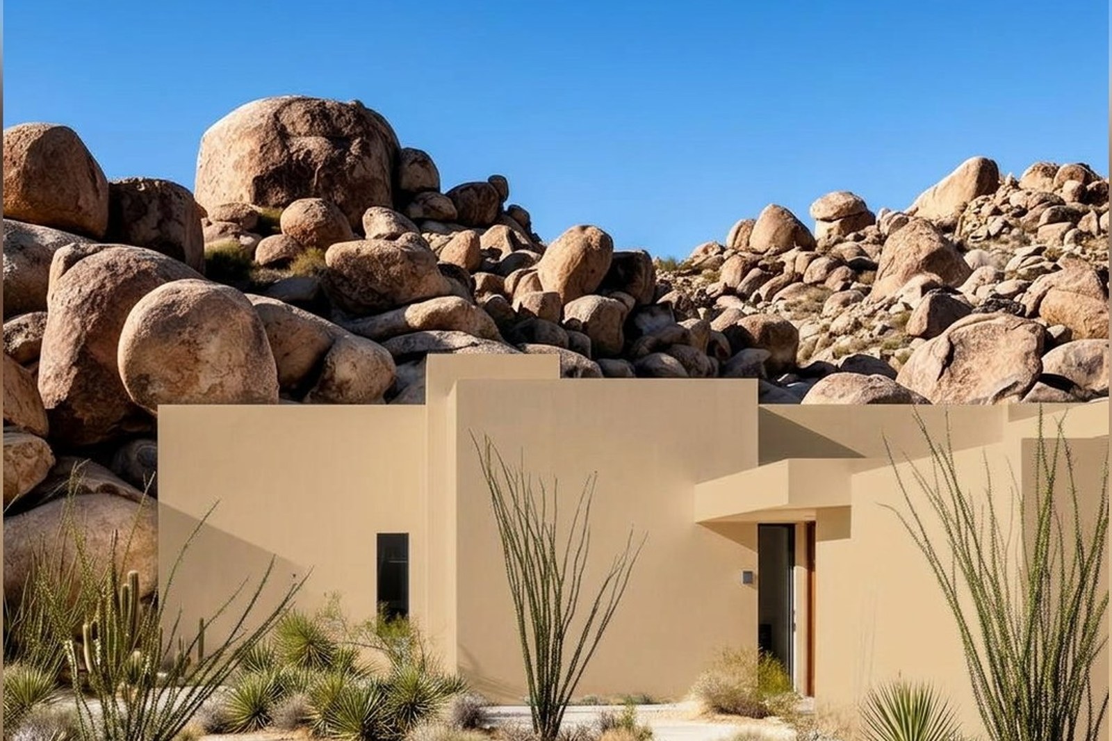 Modernist white desert villa with palm trees