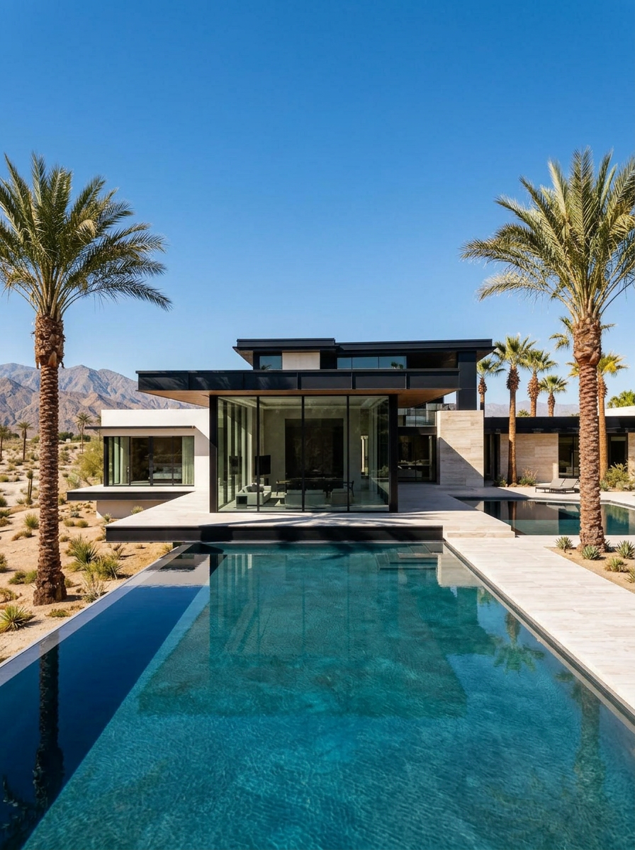 Modernist white desert villa with palm trees