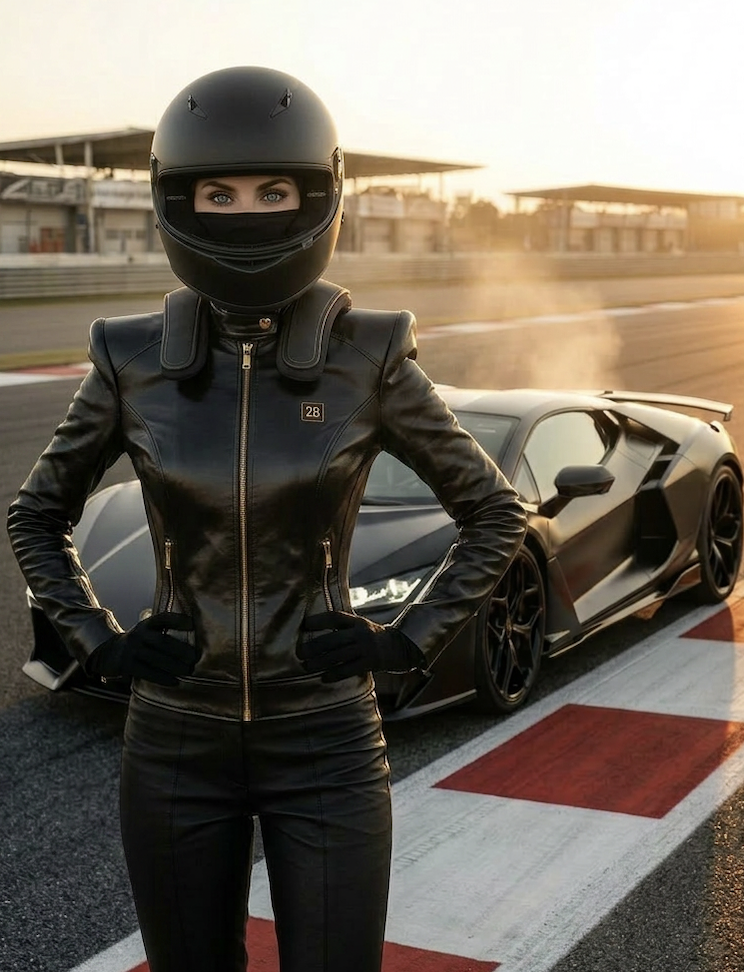 Woman in black leather suit and helmet beside a Lamborghini Aventador on a race track at sunset