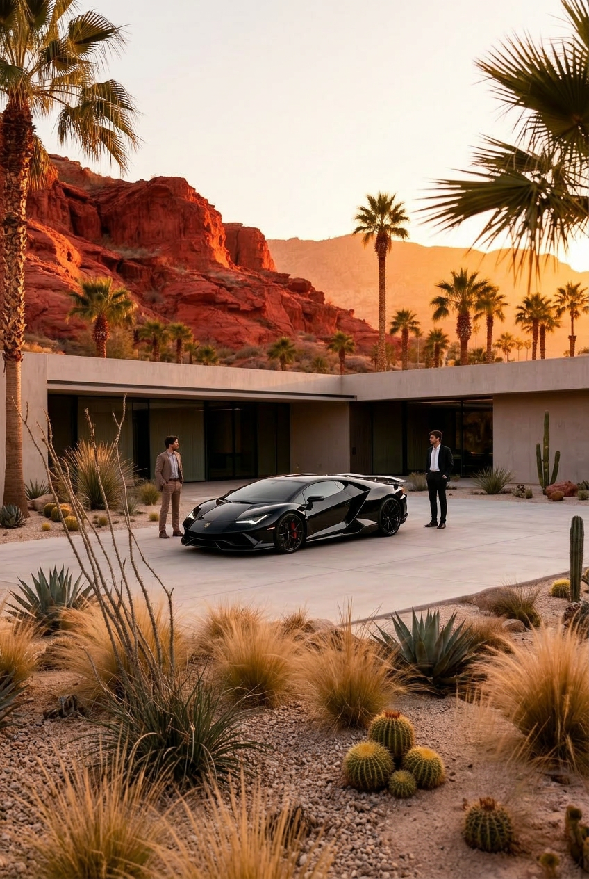 Black exotic supercar parked in front of a desert mansion
