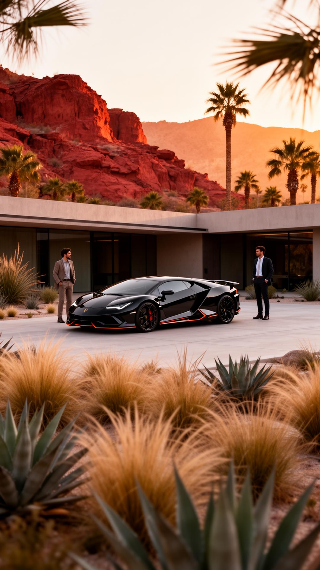 Black exotic supercar parked in front of a desert mansion
