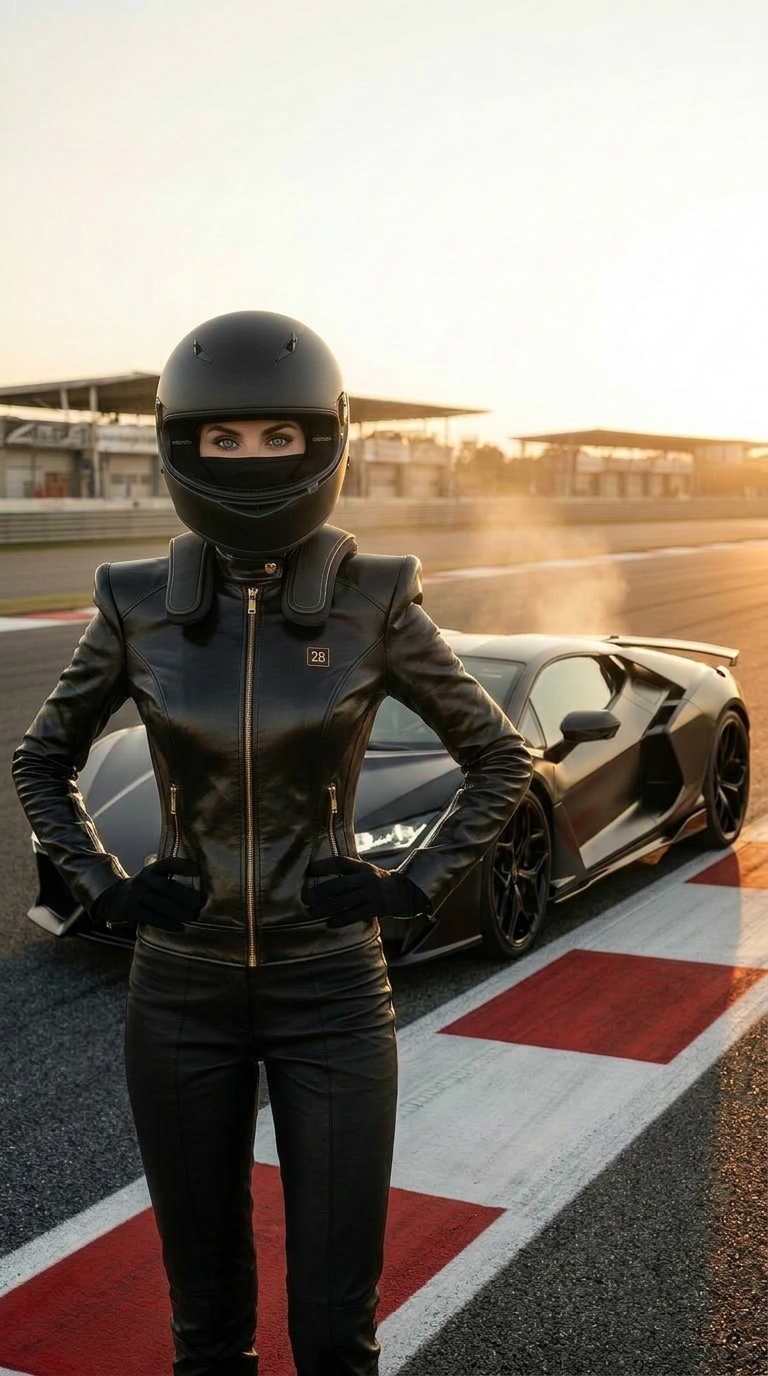 Woman in racing helmet and suit beside a Lamborghini Revuelto on a race track