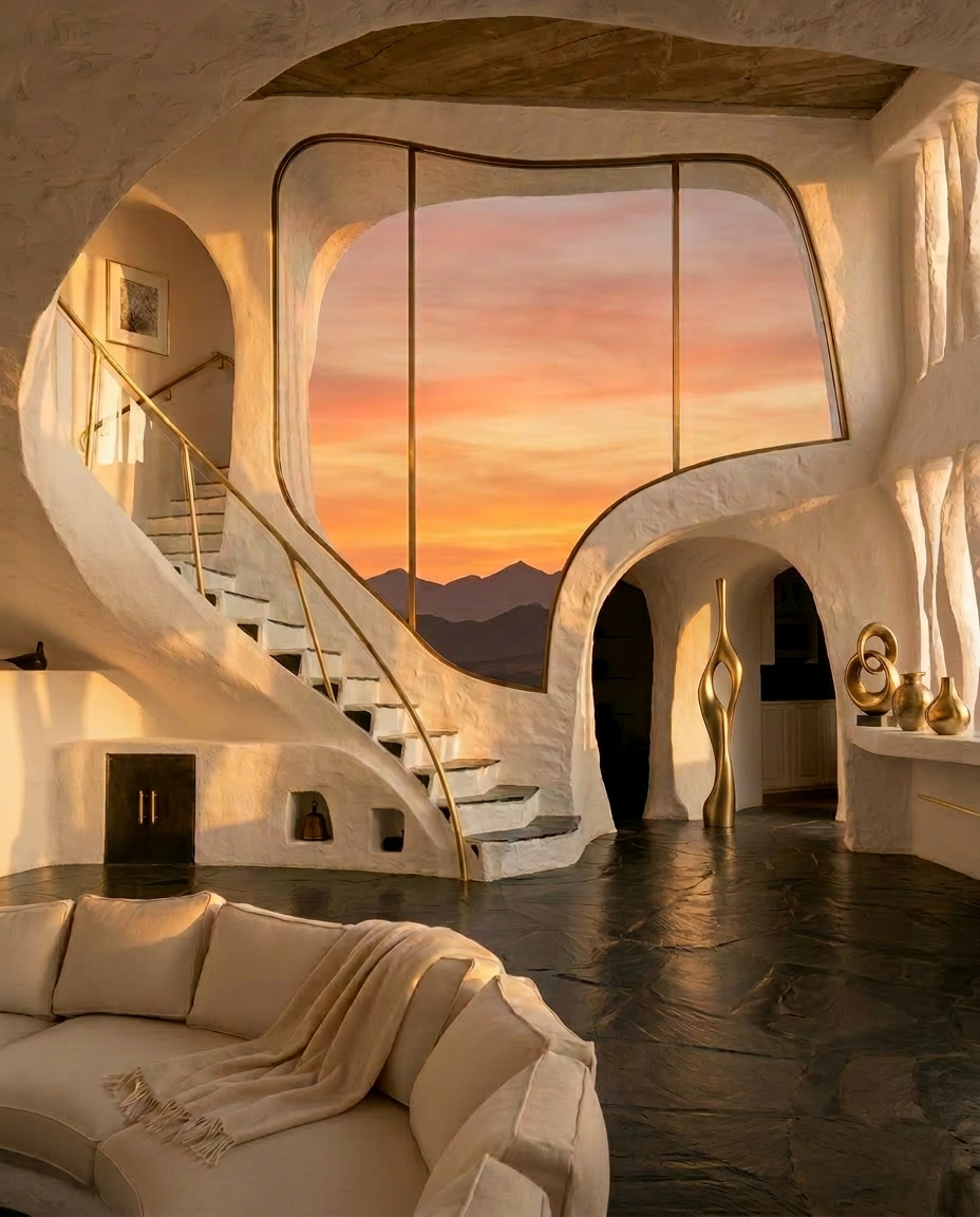 Travertine interior with sculptural furniture