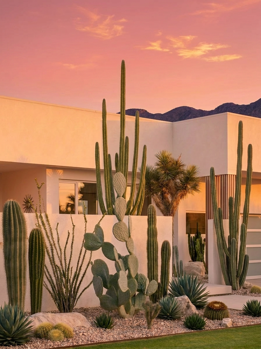 Vertical Palm Springs mid-century modern home with a tall cactus garden at golden hour