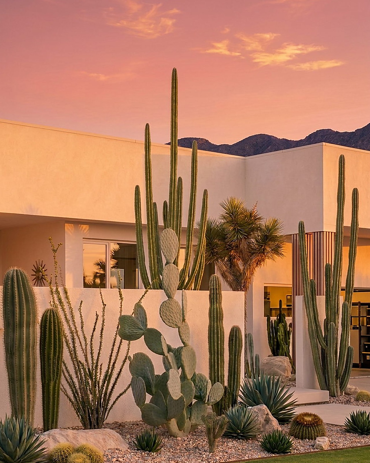Desert architecture and garden design with mature cactus plantings