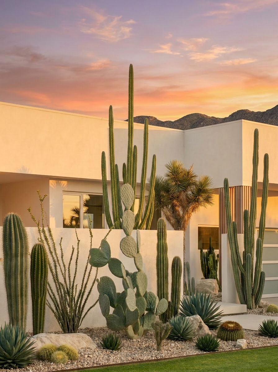 Vertical Palm Springs mid-century modern home with a tall cactus garden at golden hour